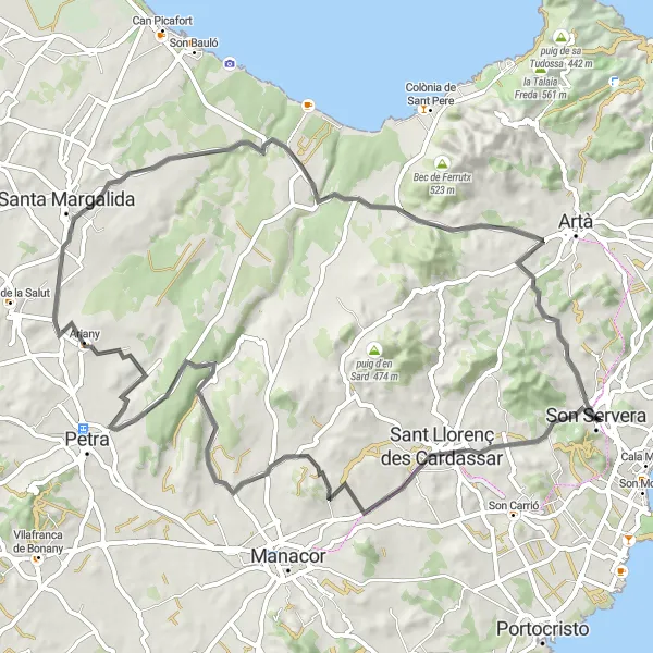 Miniaturekort af cykelinspirationen "Son Servera til Puig de la Font og Mirador de sa Creu" i Illes Balears, Spain. Genereret af Tarmacs.app cykelruteplanlægger