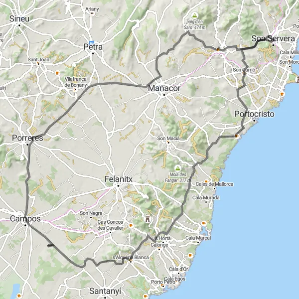 Miniature de la carte de l'inspiration cycliste "Aventure cycliste à Cala Mendia" dans la Illes Balears, Spain. Générée par le planificateur d'itinéraire cycliste Tarmacs.app