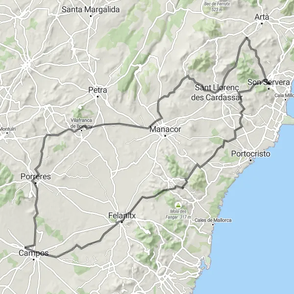 Miniatuurkaart van de fietsinspiratie "Fietsroute Son Servera – Vilafranca de Bonany" in Illes Balears, Spain. Gemaakt door de Tarmacs.app fietsrouteplanner