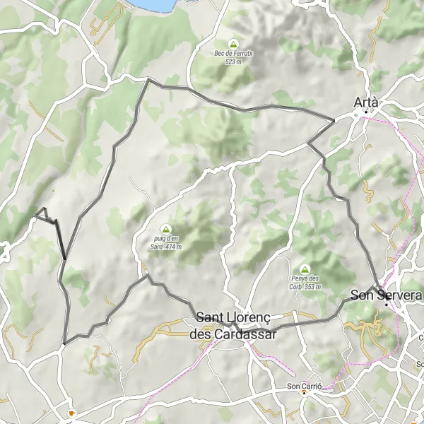 Miniatura mapy "Scenic cycling route through Son Servera" - trasy rowerowej w Illes Balears, Spain. Wygenerowane przez planer tras rowerowych Tarmacs.app