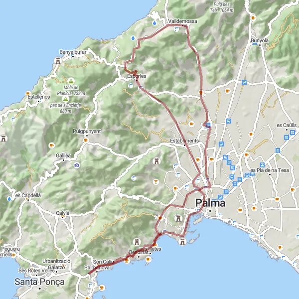 Miniatura della mappa di ispirazione al ciclismo "Giro in Gravel attraverso la costa occidentale" nella regione di Illes Balears, Spain. Generata da Tarmacs.app, pianificatore di rotte ciclistiche