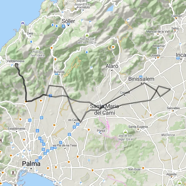 Miniature de la carte de l'inspiration cycliste "Le Circuit de Binissalem" dans la Illes Balears, Spain. Générée par le planificateur d'itinéraire cycliste Tarmacs.app