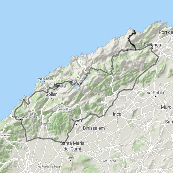 Miniatua del mapa de inspiración ciclista "Ruta ciclista de carretera Valldemossa - Pollença - Alaró" en Illes Balears, Spain. Generado por Tarmacs.app planificador de rutas ciclistas