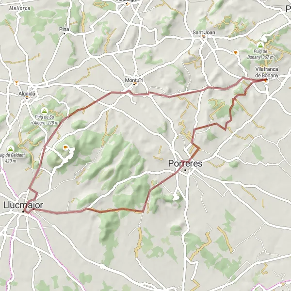 Miniature de la carte de l'inspiration cycliste "Boucle à Vilafranca de Bonany via Porreres et Montuïri" dans la Illes Balears, Spain. Générée par le planificateur d'itinéraire cycliste Tarmacs.app