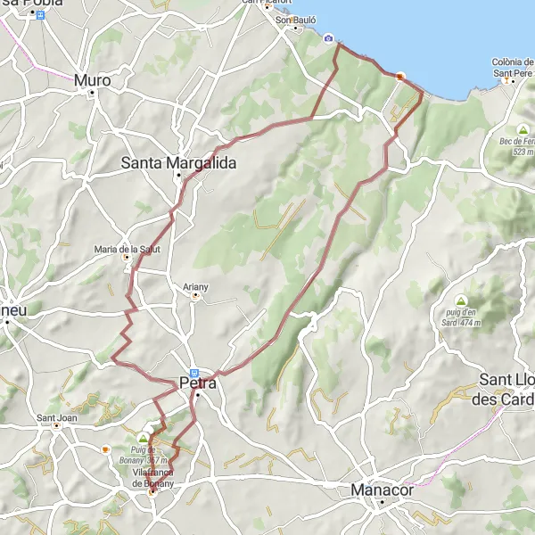 Miniatura della mappa di ispirazione al ciclismo "Giro Gravel tra Vilafranca de Bonany e Petra" nella regione di Illes Balears, Spain. Generata da Tarmacs.app, pianificatore di rotte ciclistiche