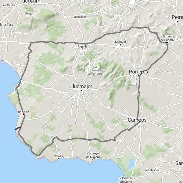 Miniature de la carte de l'inspiration cycliste "Itinéraire routier de Vilafranca de Bonany à Sant Joan" dans la Illes Balears, Spain. Générée par le planificateur d'itinéraire cycliste Tarmacs.app