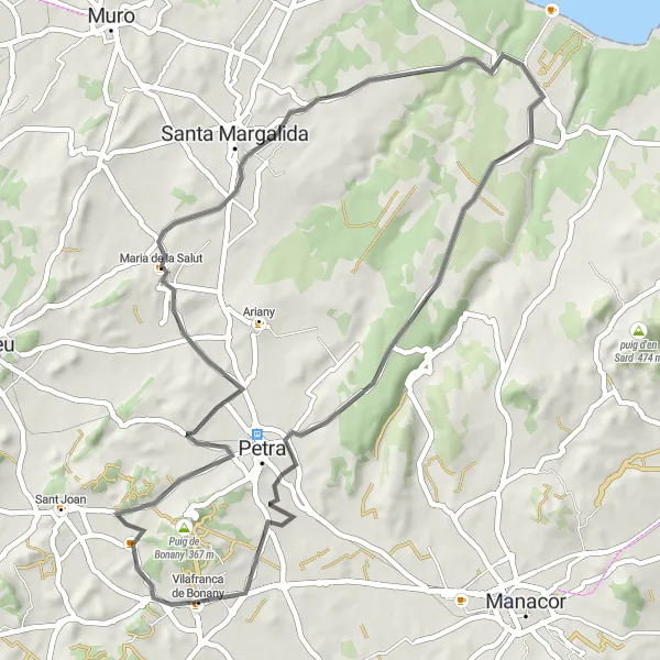 Miniaturekort af cykelinspirationen "Naturskøn cykeltur til Santa Margalida via Puig de sa Corbereta og Maria de la Salut" i Illes Balears, Spain. Genereret af Tarmacs.app cykelruteplanlægger