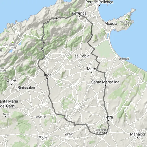 Miniature de la carte de l'inspiration cycliste "Parcours sportif de Vilafranca de Bonany à Petra" dans la Illes Balears, Spain. Générée par le planificateur d'itinéraire cycliste Tarmacs.app