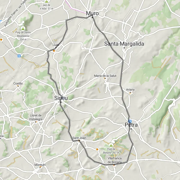 Miniatua del mapa de inspiración ciclista "Ruta en bicicleta de carretera desde Vilafranca de Bonany" en Illes Balears, Spain. Generado por Tarmacs.app planificador de rutas ciclistas