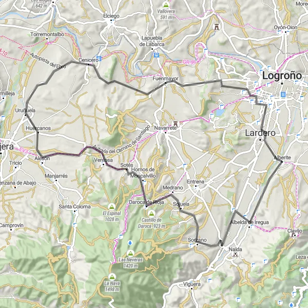 Miniatura mapy "Alberite - Sorzano - Castillo de Daroca - Alesón - Cenicero - Fuenmayor - Lardero" - trasy rowerowej w La Rioja, Spain. Wygenerowane przez planer tras rowerowych Tarmacs.app