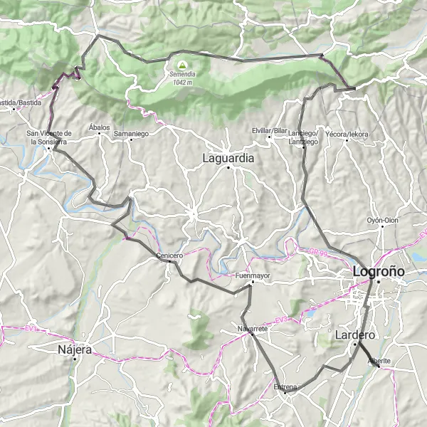 Miniatura mapy "Trasa rowerowa z Alberite (La Rioja, Hiszpania)" - trasy rowerowej w La Rioja, Spain. Wygenerowane przez planer tras rowerowych Tarmacs.app