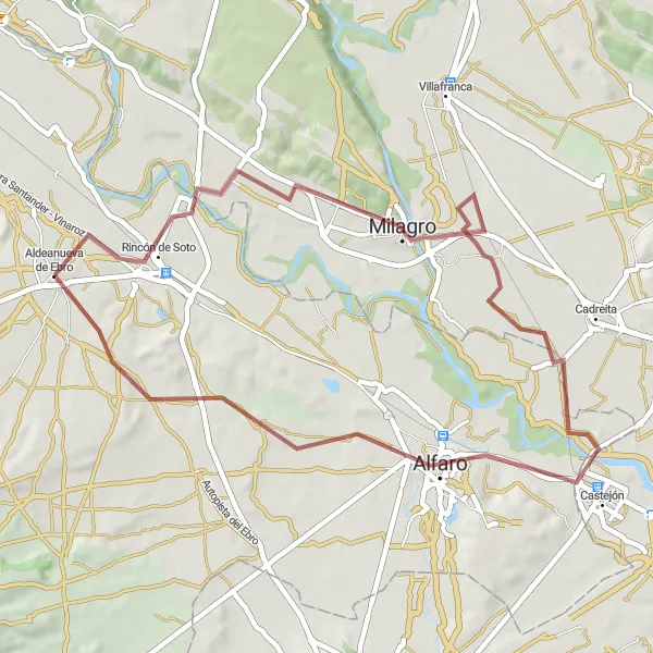 Miniatua del mapa de inspiración ciclista "Ruta en bicicleta de gravel por Rincón de Soto y Milagro" en La Rioja, Spain. Generado por Tarmacs.app planificador de rutas ciclistas