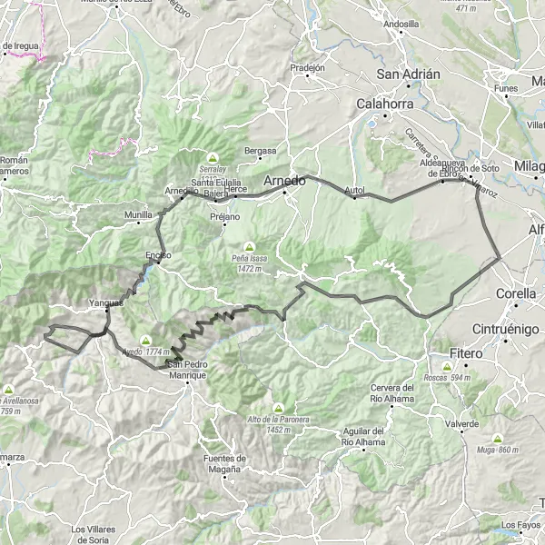 Miniatuurkaart van de fietsinspiratie "Uitdagende wegroute rond Aldeanueva de Ebro" in La Rioja, Spain. Gemaakt door de Tarmacs.app fietsrouteplanner