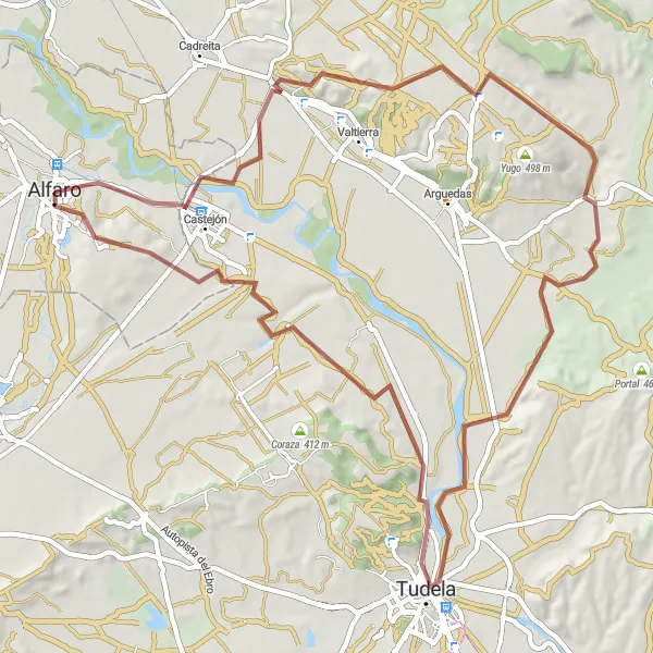 Miniatura mapy "Pełna przygoda na gravelu w okolicach Alfaro (La Rioja, Hiszpania)" - trasy rowerowej w La Rioja, Spain. Wygenerowane przez planer tras rowerowych Tarmacs.app