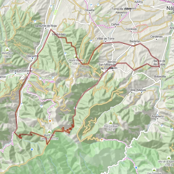 Miniatura mapy "Trasa gravelowa Baños de Río Tobía – Berceo – La Horcajada – Alto Menegutia – Altuzarra – Santa Bárbara – Ojacastro – Fonfría – Villar de Torre" - trasy rowerowej w La Rioja, Spain. Wygenerowane przez planer tras rowerowych Tarmacs.app