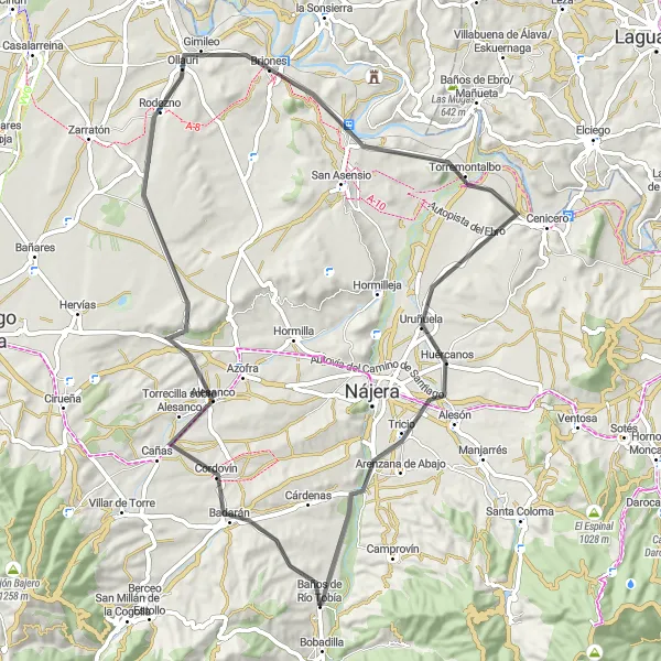 Miniatura mapy "Trasa rowerowa Baños de Río Tobía – Badarán – Alesanco – Gimileo – Mirador de Briñas – Torremontalbo – Tricio" - trasy rowerowej w La Rioja, Spain. Wygenerowane przez planer tras rowerowych Tarmacs.app