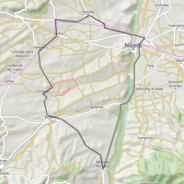 Map miniature of "Nájera Highlights" cycling inspiration in La Rioja, Spain. Generated by Tarmacs.app cycling route planner