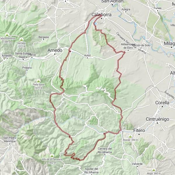 Miniatua del mapa de inspiración ciclista "Ruta de Gravel aventurera cerca de Calahorra" en La Rioja, Spain. Generado por Tarmacs.app planificador de rutas ciclistas