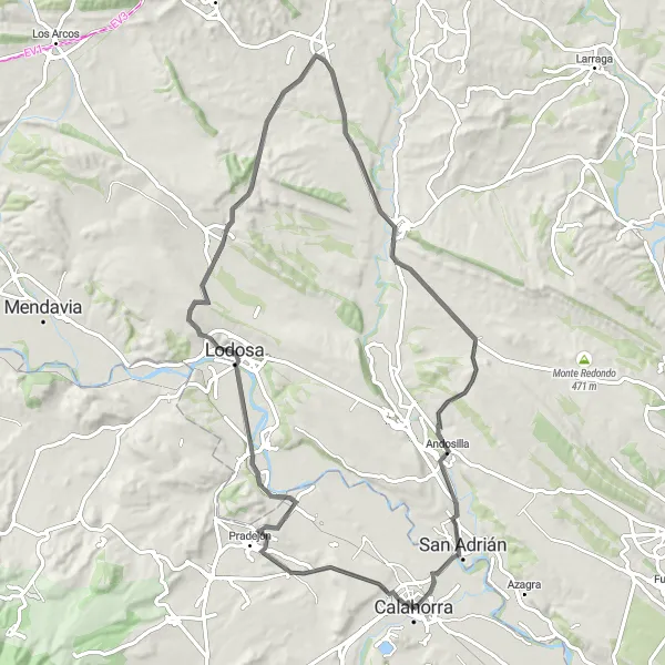 Miniaturekort af cykelinspirationen "Landevejsrute fra Calahorra til Andosilla" i La Rioja, Spain. Genereret af Tarmacs.app cykelruteplanlægger