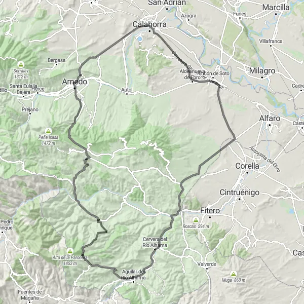 Miniatua del mapa de inspiración ciclista "Ruta de Carretera panorámica cerca de Calahorra" en La Rioja, Spain. Generado por Tarmacs.app planificador de rutas ciclistas