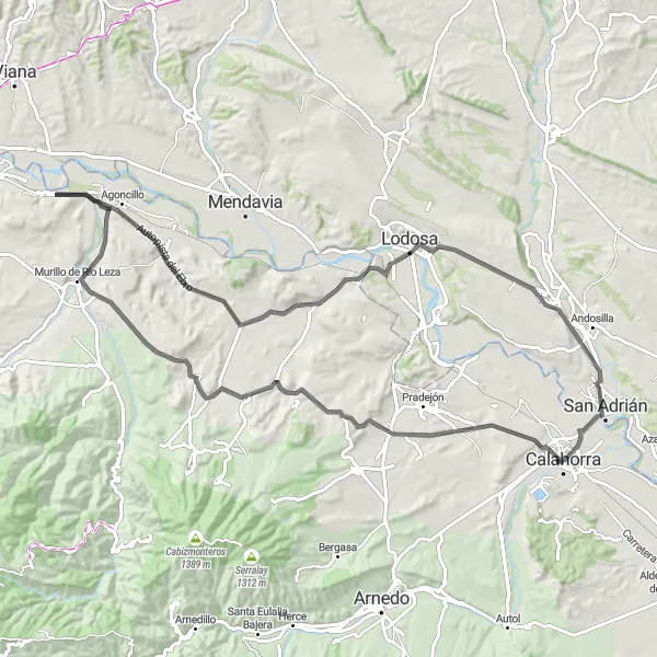 Miniatua del mapa de inspiración ciclista "Ruta de Carretera: Calahorra - Corera - Alcanadre" en La Rioja, Spain. Generado por Tarmacs.app planificador de rutas ciclistas