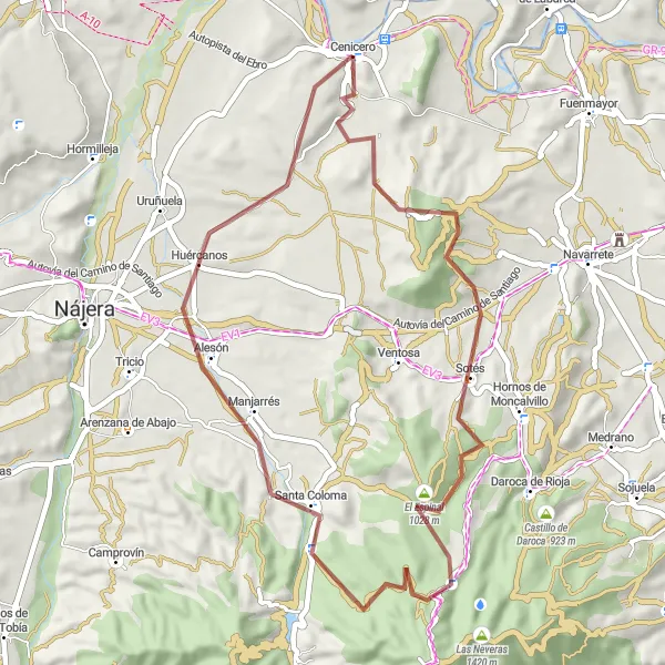 Miniatura mapy "Okrężny szlak gravelowy przez Cenicero (La Rioja, Hiszpania)" - trasy rowerowej w La Rioja, Spain. Wygenerowane przez planer tras rowerowych Tarmacs.app