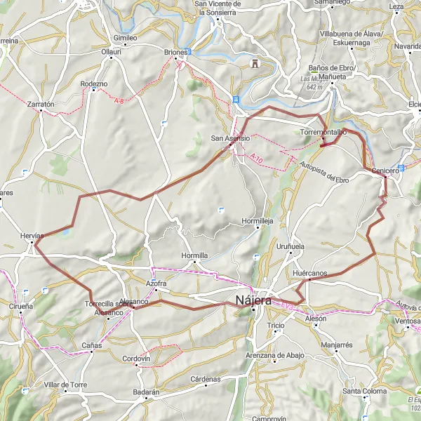 Miniatuurkaart van de fietsinspiratie "Gravelroute naar Huércanos" in La Rioja, Spain. Gemaakt door de Tarmacs.app fietsrouteplanner