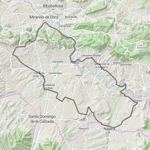 Miniatua del mapa de inspiración ciclista "Ruta circular desafiante cerca de Cenicero (carretera)" en La Rioja, Spain. Generado por Tarmacs.app planificador de rutas ciclistas