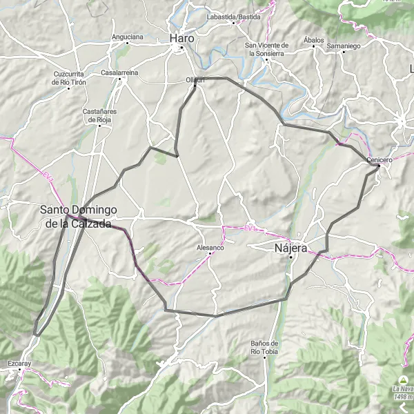 Miniatua del mapa de inspiración ciclista "Ruta escénica en carretera cerca de Cenicero" en La Rioja, Spain. Generado por Tarmacs.app planificador de rutas ciclistas