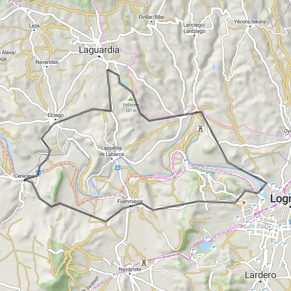 Miniatua del mapa de inspiración ciclista "Ruta corta en carretera cerca de Cenicero" en La Rioja, Spain. Generado por Tarmacs.app planificador de rutas ciclistas