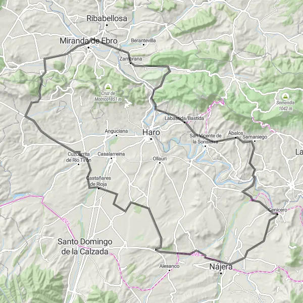 Map miniature of "Nájera to Cenicero Road Route" cycling inspiration in La Rioja, Spain. Generated by Tarmacs.app cycling route planner