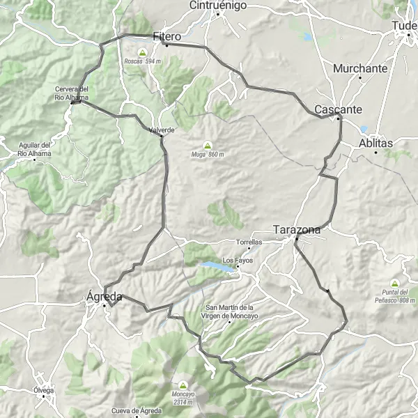 Miniatuurkaart van de fietsinspiratie "Wegroute naar Tulebras en Tarazona" in La Rioja, Spain. Gemaakt door de Tarmacs.app fietsrouteplanner