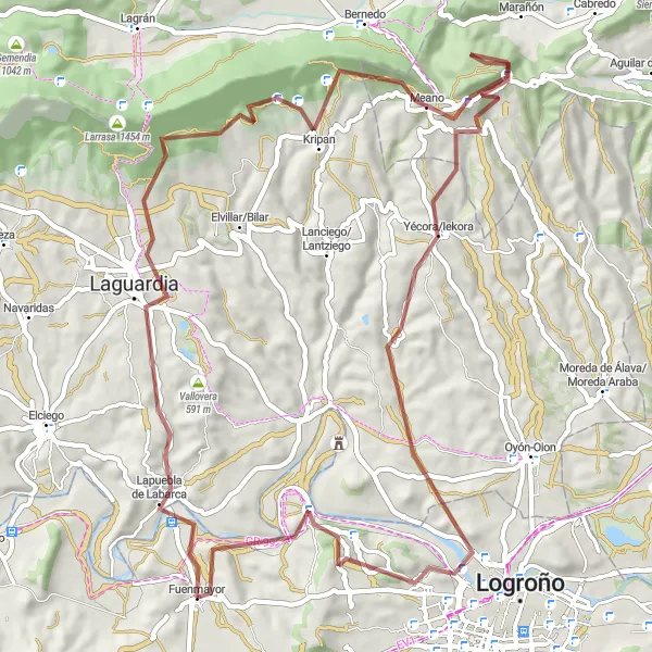 Miniaturekort af cykelinspirationen "Grusvej rundtur fra Fuenmayor med fantastiske udsigter" i La Rioja, Spain. Genereret af Tarmacs.app cykelruteplanlægger