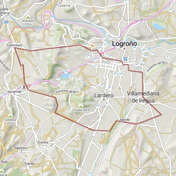 Miniatua del mapa de inspiración ciclista "Ruta en bicicleta de gravel hacia Alberite" en La Rioja, Spain. Generado por Tarmacs.app planificador de rutas ciclistas