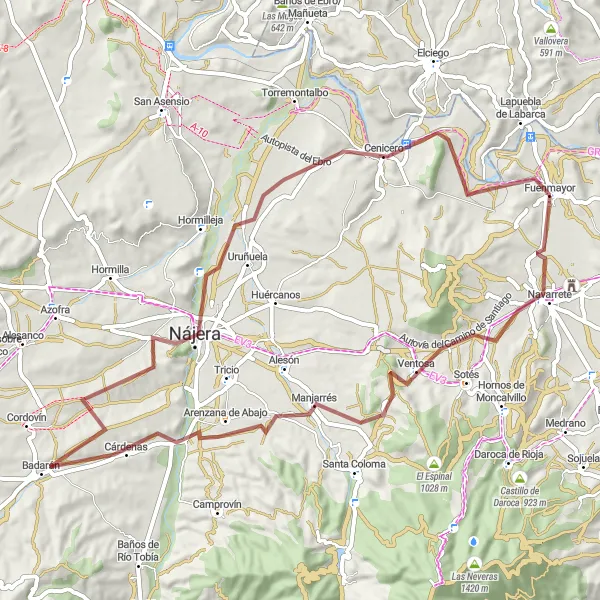 Miniaturekort af cykelinspirationen "Cerro Tedeón, Ventosa, Badarán, Malpica, Nájera, Cenicero" i La Rioja, Spain. Genereret af Tarmacs.app cykelruteplanlægger