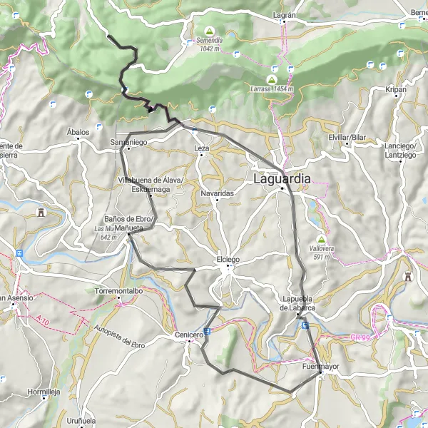 Miniatua del mapa de inspiración ciclista "Ruta en bicicleta de carretera hacia Villabuena de Álava" en La Rioja, Spain. Generado por Tarmacs.app planificador de rutas ciclistas