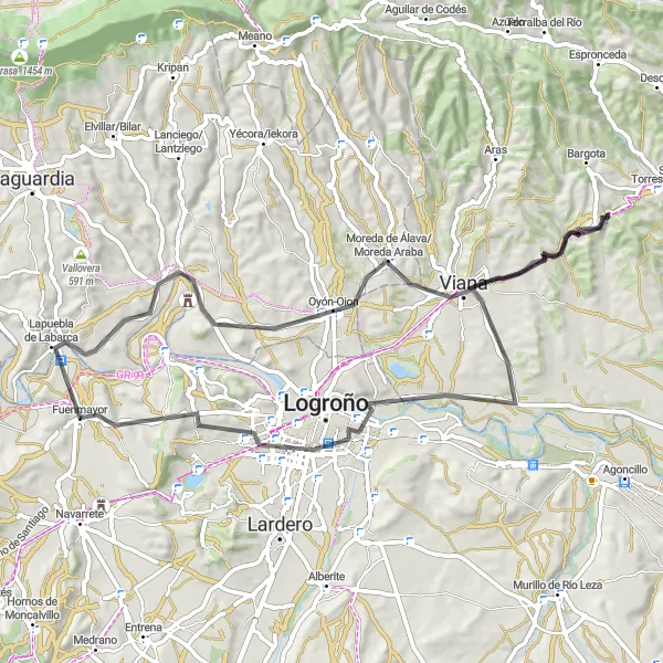 Miniatua del mapa de inspiración ciclista "Ruta en bicicleta de carretera hacia Oyón-Oion" en La Rioja, Spain. Generado por Tarmacs.app planificador de rutas ciclistas