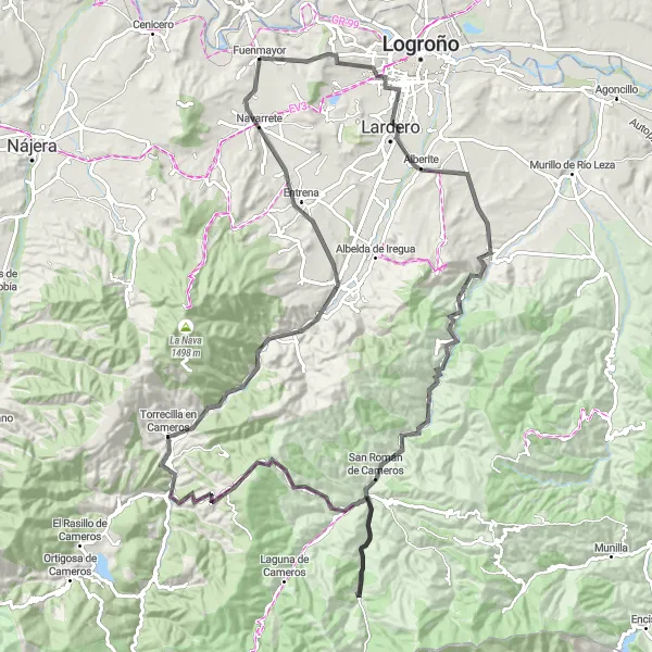 Miniatua del mapa de inspiración ciclista "Ruta en bicicleta de carretera desde Fuenmayor" en La Rioja, Spain. Generado por Tarmacs.app planificador de rutas ciclistas