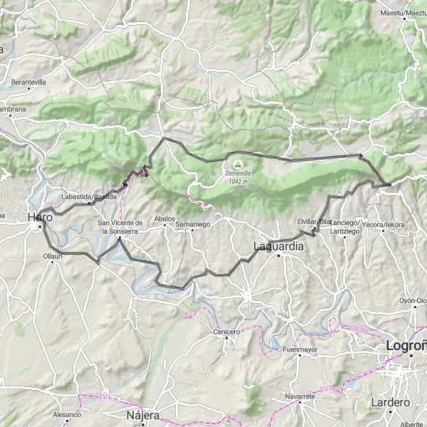 Map miniature of "Wine and Hills" cycling inspiration in La Rioja, Spain. Generated by Tarmacs.app cycling route planner