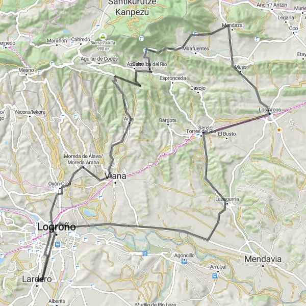 Map miniature of "Lardero to Oyón-Oion" cycling inspiration in La Rioja, Spain. Generated by Tarmacs.app cycling route planner