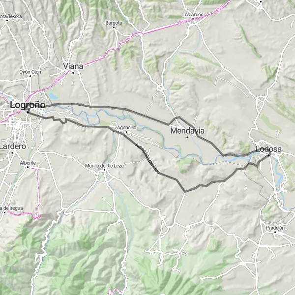 Miniatua del mapa de inspiración ciclista "Logroño - Monte Cantabria - Recajo - Mendavia - Castillar II - Lodosa - Alcanadre - Agoncillo - Varea (72 km)" en La Rioja, Spain. Generado por Tarmacs.app planificador de rutas ciclistas