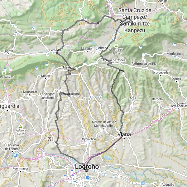 Miniatua del mapa de inspiración ciclista "Yécora/Iekora - Muela - Bujanda - Genevilla - La peñica - Mirador del León Dormido - Viana - Logroño (82 km)" en La Rioja, Spain. Generado por Tarmacs.app planificador de rutas ciclistas