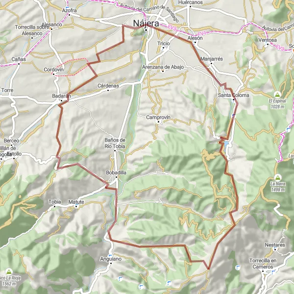 Miniatua del mapa de inspiración ciclista "Ruta de ciclismo de montaña desafiante desde Nájera" en La Rioja, Spain. Generado por Tarmacs.app planificador de rutas ciclistas