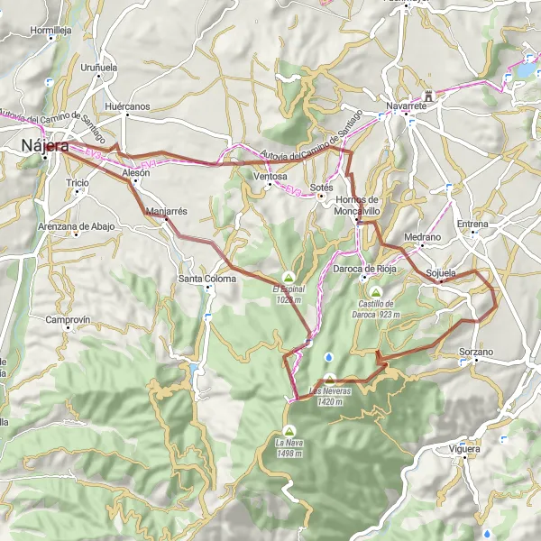 Miniatuurkaart van de fietsinspiratie "Mountainbike Nájera - Ventosa - Cuento - Sojuela - Serradero - El Espinal - Alesón" in La Rioja, Spain. Gemaakt door de Tarmacs.app fietsrouteplanner