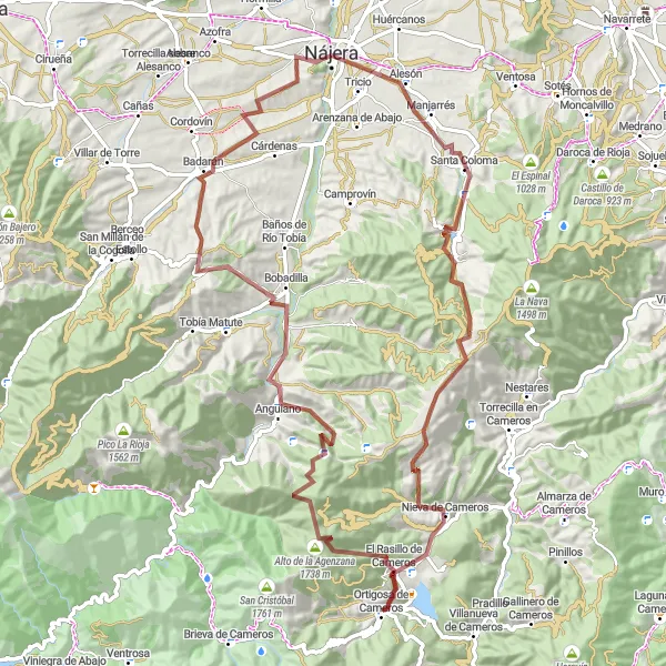 Miniatua del mapa de inspiración ciclista "Ruta de ciclismo en gravilla desde Nájera" en La Rioja, Spain. Generado por Tarmacs.app planificador de rutas ciclistas