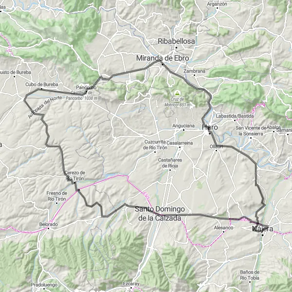 Map miniature of "Nájera - Malpica - Hormilla - Santo Domingo de la Calzada - Cerro Mirabel - Redecilla del Campo - Quintanilla San García - Pancorbo - Peña del Mazo - Antigua Iglesia de San Juan - Gobera - Mirador del Castillo - Gimileo - San Asensio" cycling inspiration in La Rioja, Spain. Generated by Tarmacs.app cycling route planner