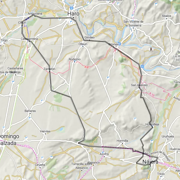 Miniatua del mapa de inspiración ciclista "Ruta circular de ciclismo de carretera desde Nájera" en La Rioja, Spain. Generado por Tarmacs.app planificador de rutas ciclistas