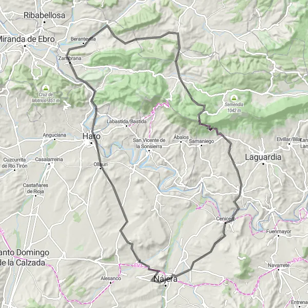 Miniaturekort af cykelinspirationen "Racercykelrute fra Najera tilbage til Najera" i La Rioja, Spain. Genereret af Tarmacs.app cykelruteplanlægger