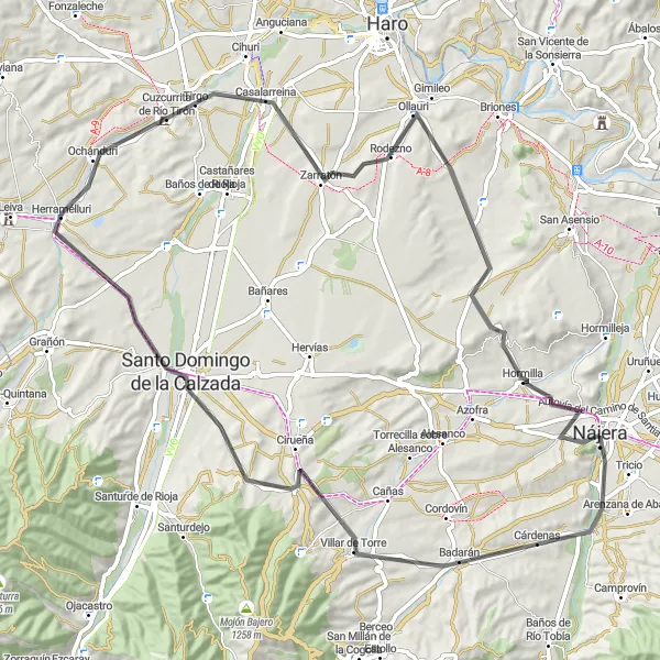 Miniatura mapy "Trasa Nájera - Badarán - Cirueña - Santo Domingo de la Calzada - Cuzcurrita de Río Tirón - Ollauri - Malpica - La Falange" - trasy rowerowej w La Rioja, Spain. Wygenerowane przez planer tras rowerowych Tarmacs.app