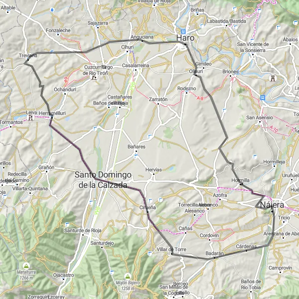 Miniaturekort af cykelinspirationen "Landevejscykelrute til Nájera og tilbage" i La Rioja, Spain. Genereret af Tarmacs.app cykelruteplanlægger